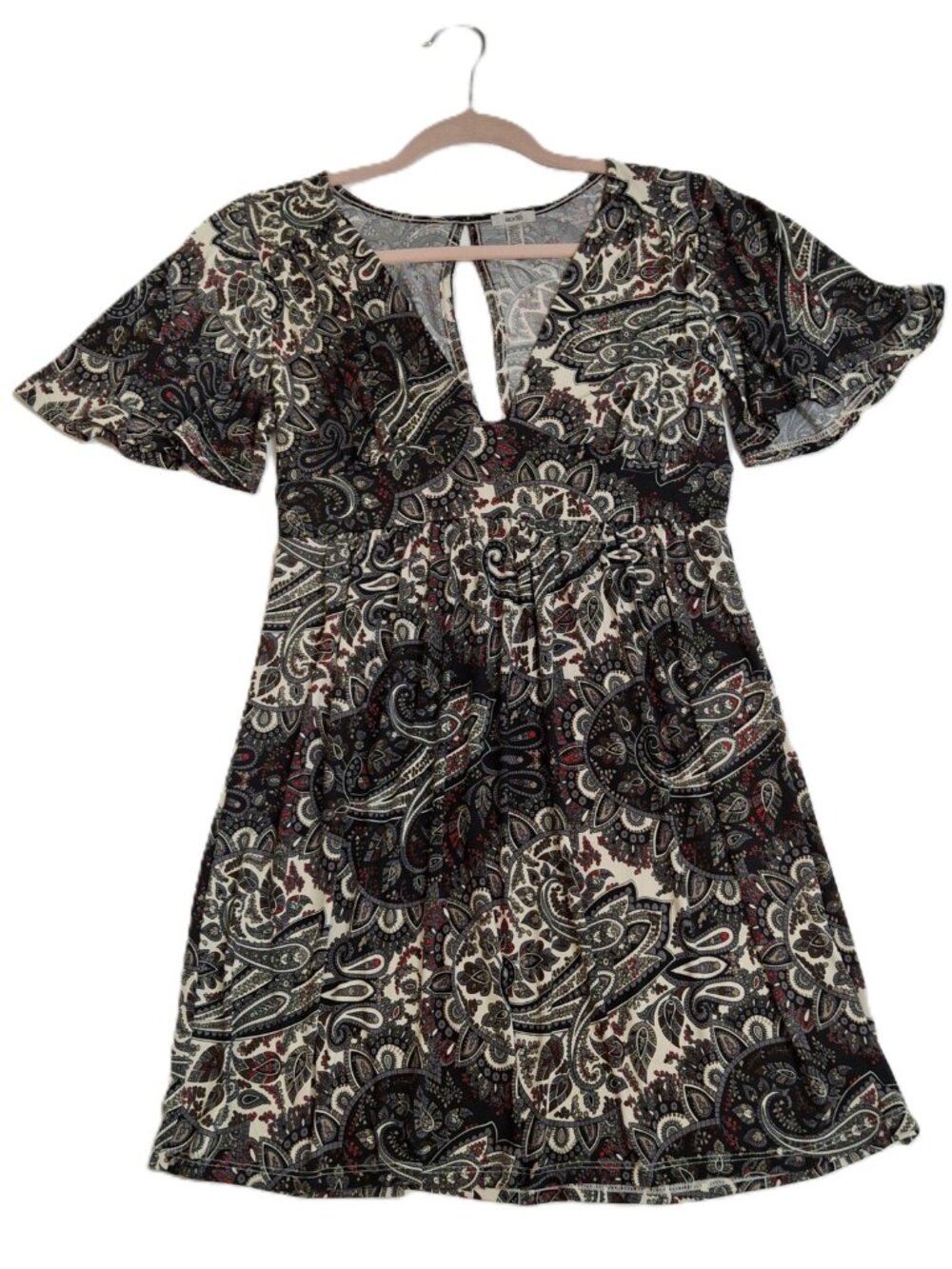Eoote Sz M Grey Pailsley Empire Fit n Flare Mini Dress Stretch Flutter Sleeves